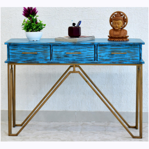 CASINO Console Hall blue Table with Golden Finish